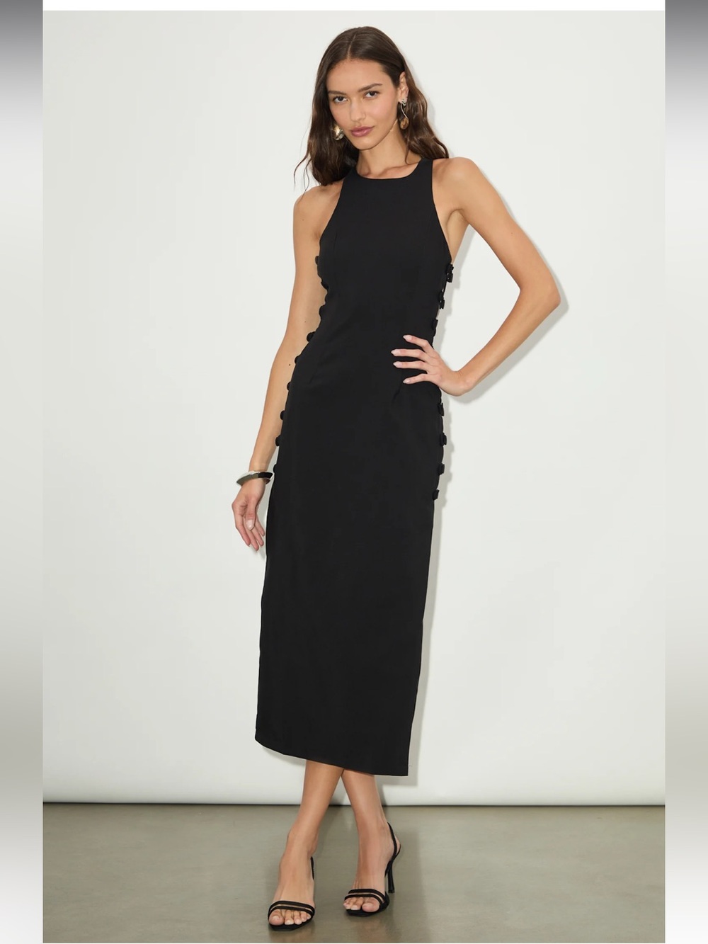 NWT lulus Masterfully Mod Black‎ Side Button Midi Dress Size Medium